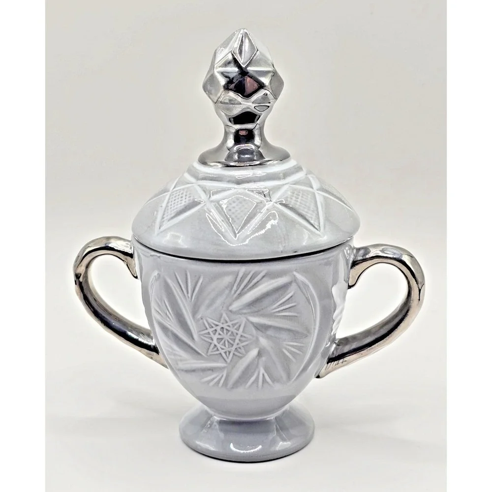 anthropologie sugar bowl gray ceramic urn‎ art deco style silver handles